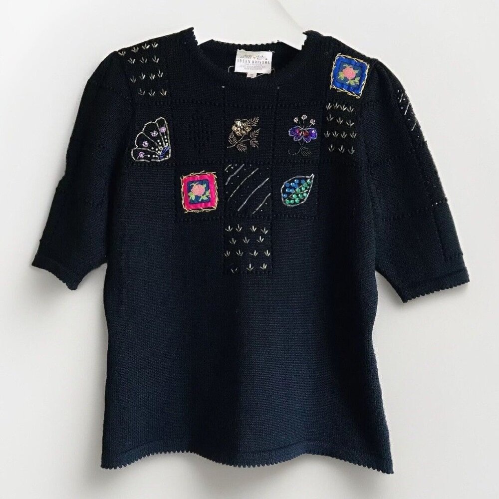 Susan Bristol Vintage Hand Embroidered‎ Bead Wool Top Womens Size Small Black